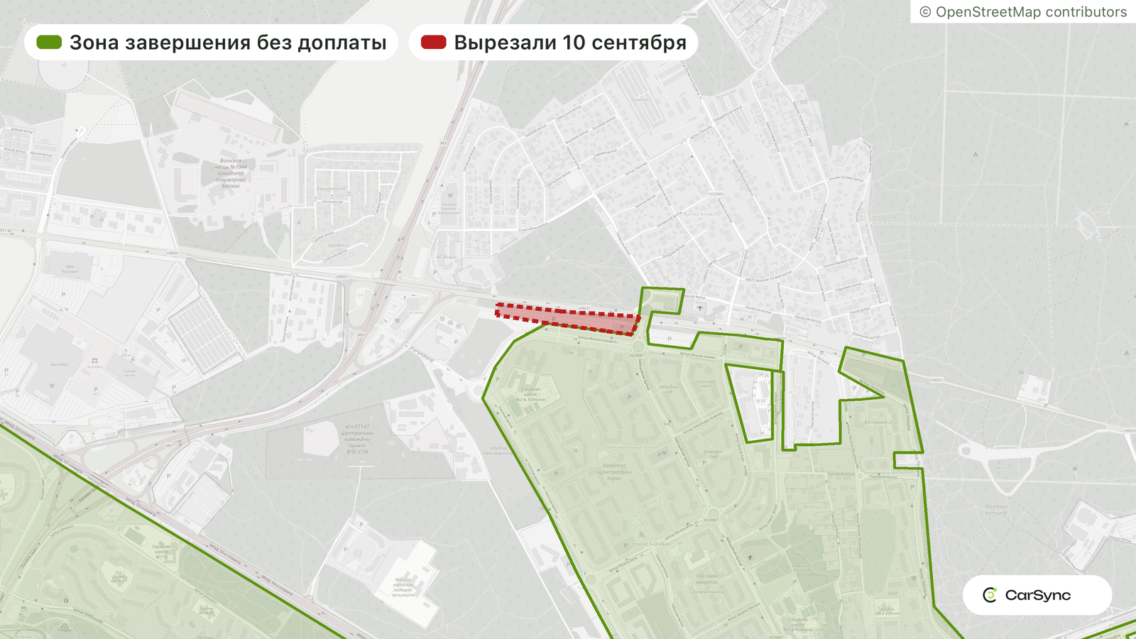 Карта Новой Боровой: граница зоны завершения аренды и вышедшая из неё полоса вдоль дороги